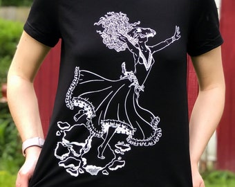 The Fool Shirt - Wolf Skull Woman Dancing Tarot Dark Surreal Black and White