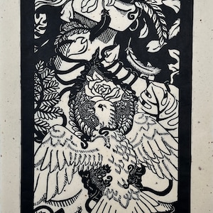 From My Mouth - Black on Cream - Handprinted Linocut Print Monochrome Surreal Original Art