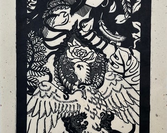 From My Mouth - Black on Cream - Handprinted Linocut Print Monochrome Surreal Original Art