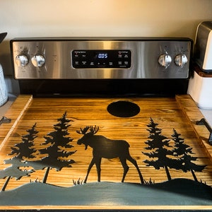 Barn wood Stove Top Cover Noodle Board With Cabin Moose Décor Design