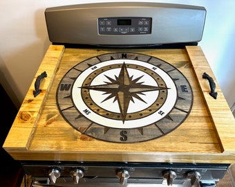 Barn Wood Stove Top Cover Noodle Board - Rose Compass Design