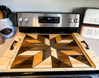 Barn Wood Rustic Contemporary Quilt Block Stove Top Noodle Board Cover With Natural Wood Tones