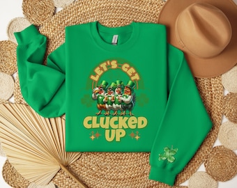 St Patrick's Day Fun Chicken Sweatshirt with Printed Sleeve of Four Leaf Clover Design. Gilden 18000 Unisex Sweatshirt