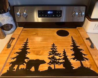 Barn wood Stove Top Cover Noodle Board With Cabin Bear and Pine Tree Décor Design