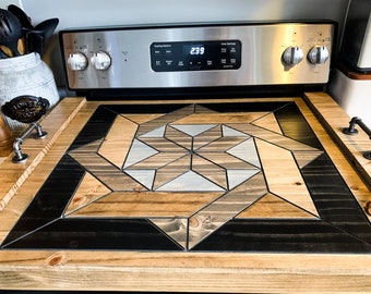 Barn Wood Quilt Rustic Noodle Board Stove Top Cover - Black Stained Border Version