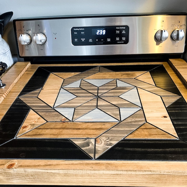 Barn Wood Quilt Rustic Noodle Board Stove Top Cover - Black Stained Border Version