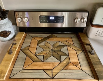 Barn Wood Quilt Rustic Noodle Board Stove Top Cover - Rustic Beige Stained Border Version