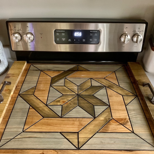 Barn Wood Quilt Rustic Noodle Board Stove Top Cover - Rustic Beige Stained Border Version