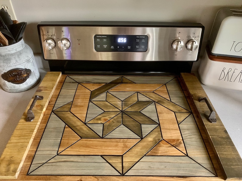 Barn Wood Quilt Rustic Noodle Board Stove Top Cover - Rustic Beige Stained Border Version