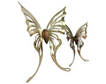 Vintage Boho Gold Metal Butterflies Wall Decor Hanging Wood Set of Two Nature 1970s