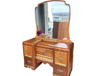 Antique Art Deco Vanity Waterfall Furniture 1930s with Mirror Dressing Table