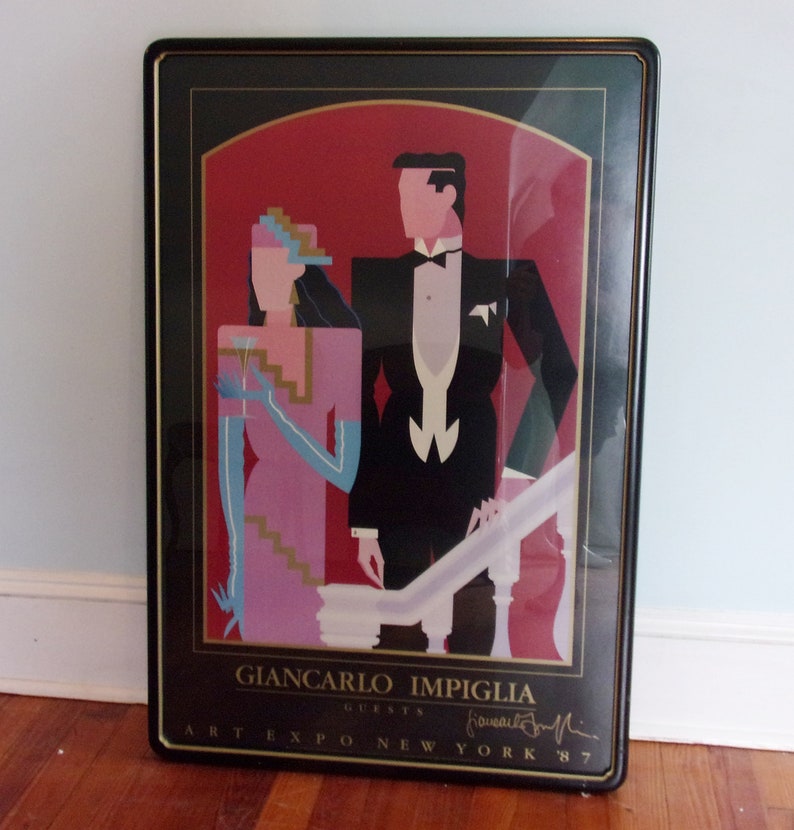 Giancarlo Impiglia 80s Framed Art Print Artwork Deco Art Work 1980s Decor 1987 Art Expo New York RARE Signed GUESTS