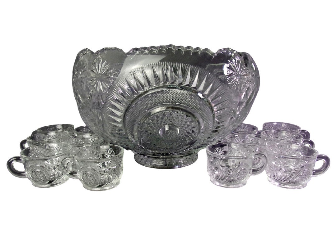 Vintage Glass Punch Bowl Set, Slewed Horseshoe Punch Bowl, L.E. Smith