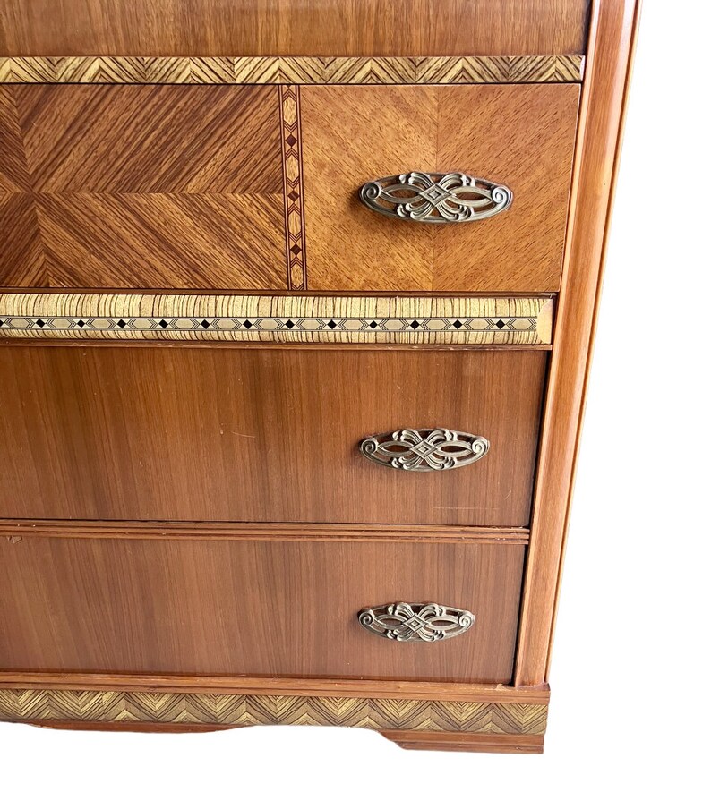 Antique Art Deco DRESSER Waterfall Furniture Inlaid 1930s with Mirror Chest Low Boy image 3