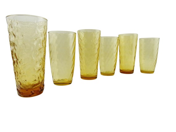 Vintage Amber Glass Tumblers Mid Century Glasses Drinking Glasses 1970's  Textured Surface Glasses SET 6 BOHO Mismatched 