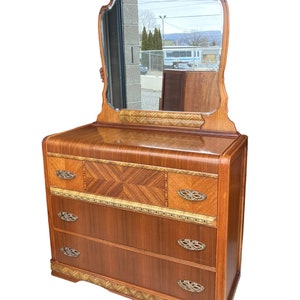 Antique Art Deco DRESSER Waterfall Furniture Inlaid 1930s with Mirror Chest Low Boy image 2