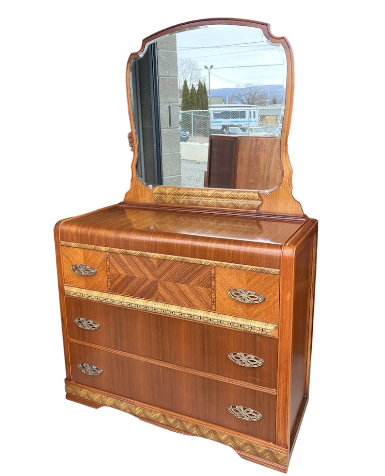 Antique Art Deco DRESSER Waterfall Furniture Inlaid 1930s with Mirror Chest Low Boy image 2