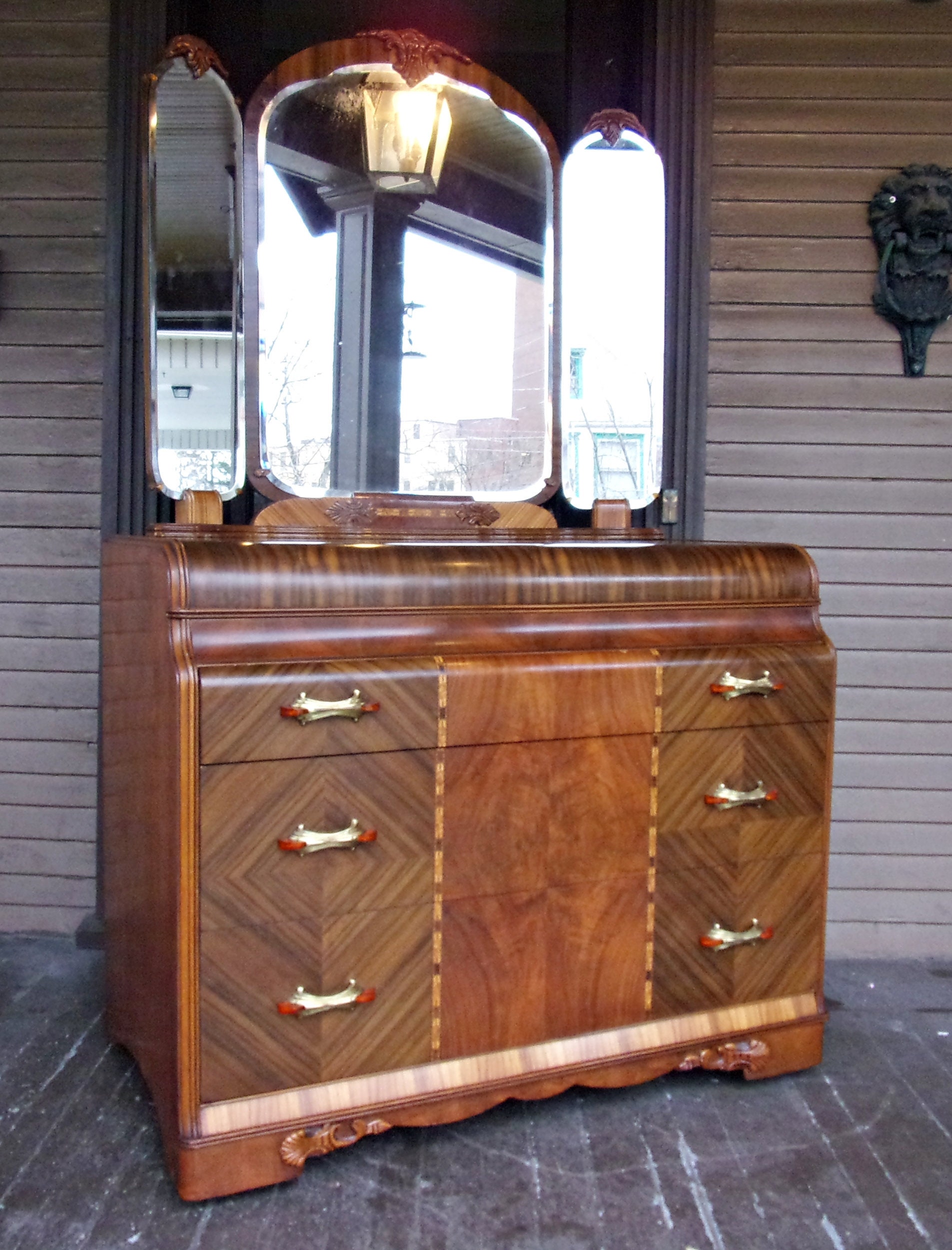 RESERVED Antique Art Deco DRESSER Waterfall Furniture Inlaid Etsy