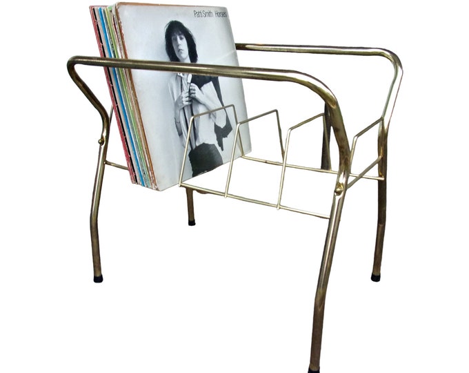 Vintage Record Stand, LP Storage Rack, Vinyl Record Holder, Brass Tone