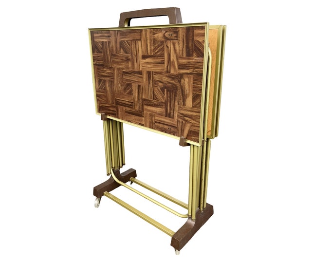 Vintage TV Tray Set on Stand Faux Wood Folding Table Rolling Stand