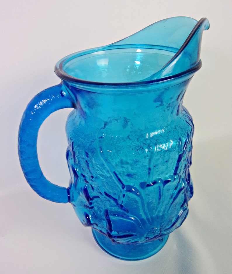 Vintage Turquoise Blue Glass Pitcher Flower Power Mid Century Etsy
