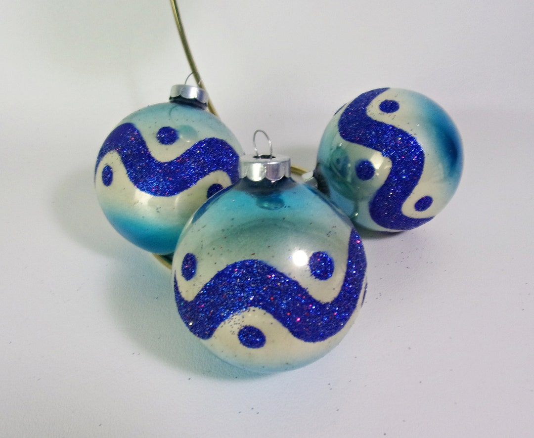Vintage BLUE Christmas Ornaments Blown Mercury Glass USA Glitter Wave Design Lot of 4 Etsy