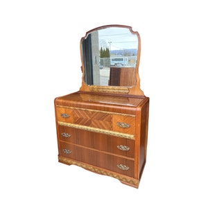 Antique Art Deco DRESSER Waterfall Furniture Inlaid 1930s with Mirror Chest Low Boy image 1