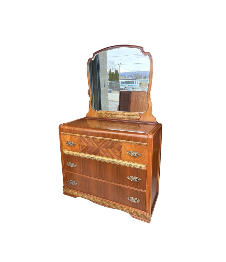 Antique Art Deco DRESSER Waterfall Furniture Inlaid 1930s with Mirror Chest Low Boy image 1