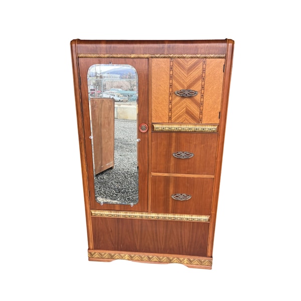Antique Art Deco Armoire Waterfall Furniture Inlaid 1930s with Mirror Wardrobe
