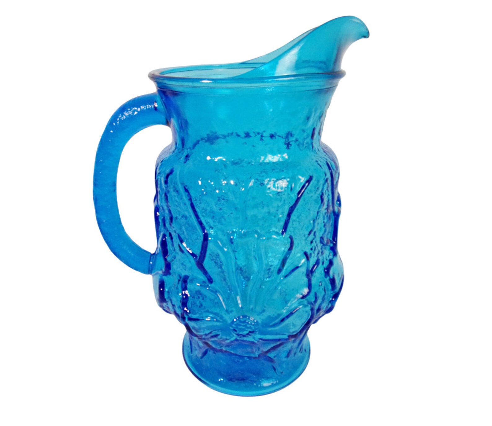 Vintage Turquoise Blue Glass Pitcher Flower Power Mid Century Etsy