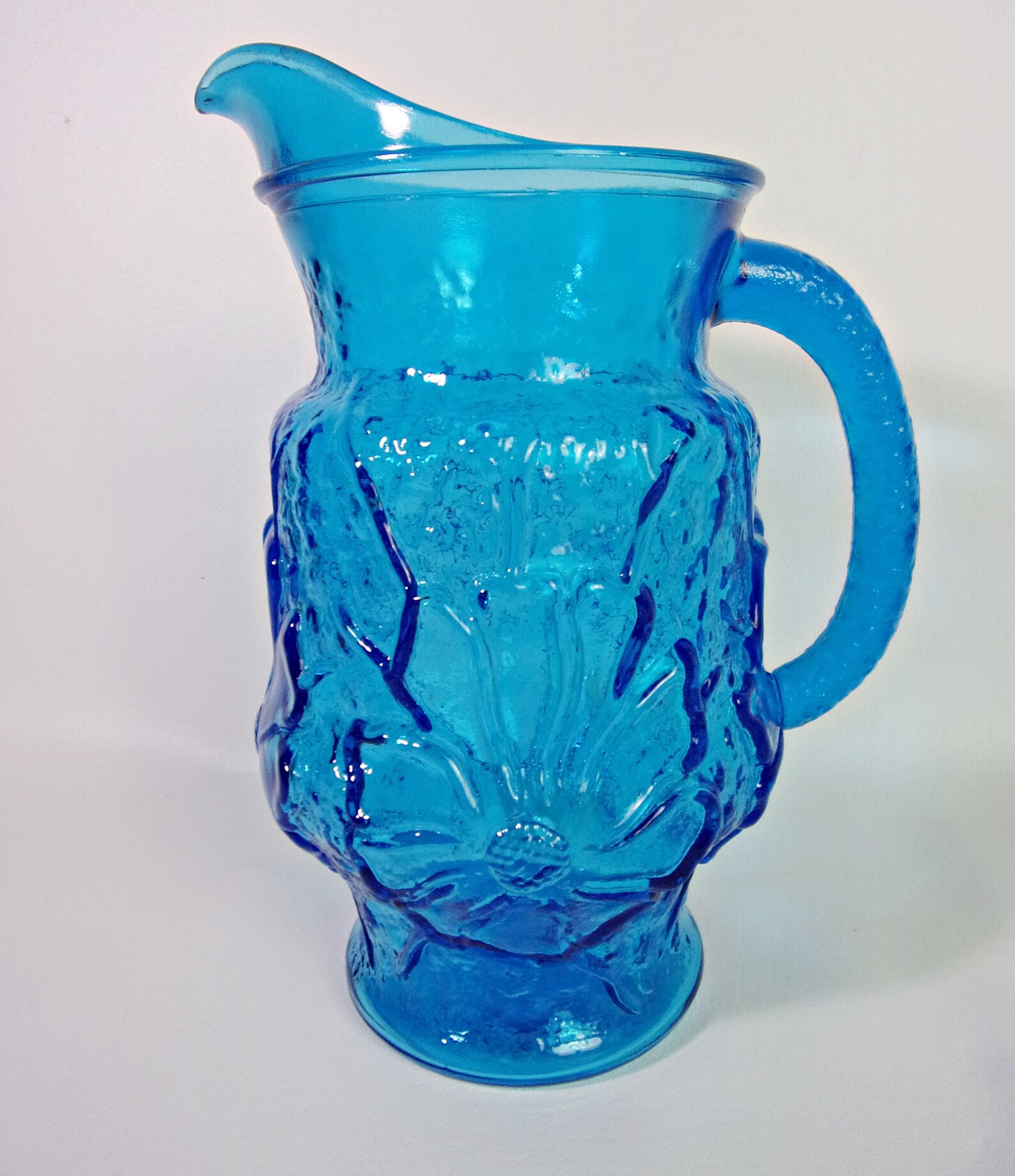 Vintage Turquoise Blue Glass Pitcher Flower Power Mid Century Etsy