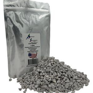 May include: A silver bag of 1/4" pumice soil amendment with a label that reads "1 Pint" and "Premium Quality Horticultural Soil Amendment". A pile of gray pumice stones sits in front of the bag.