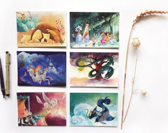 Illustrated postcards handmade in France, creatures of Greek mythology