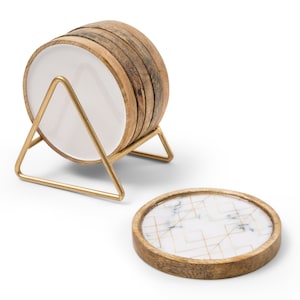 Handmade Wooden Coasters by Willow and Moore. Mango Wood Coaster Set of 6 with Holder - 4 inch Wide & 0.5 inch deep in White and Gold