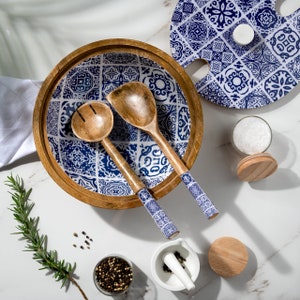 Handmade Mango wood Decorative Wooden Salad Bowl Set with matching servers and lid - Moroccan Blue Tiles