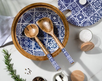 Handmade Mango wood Decorative Wooden Salad Bowl Set with matching servers and lid - Moroccan Blue Tiles