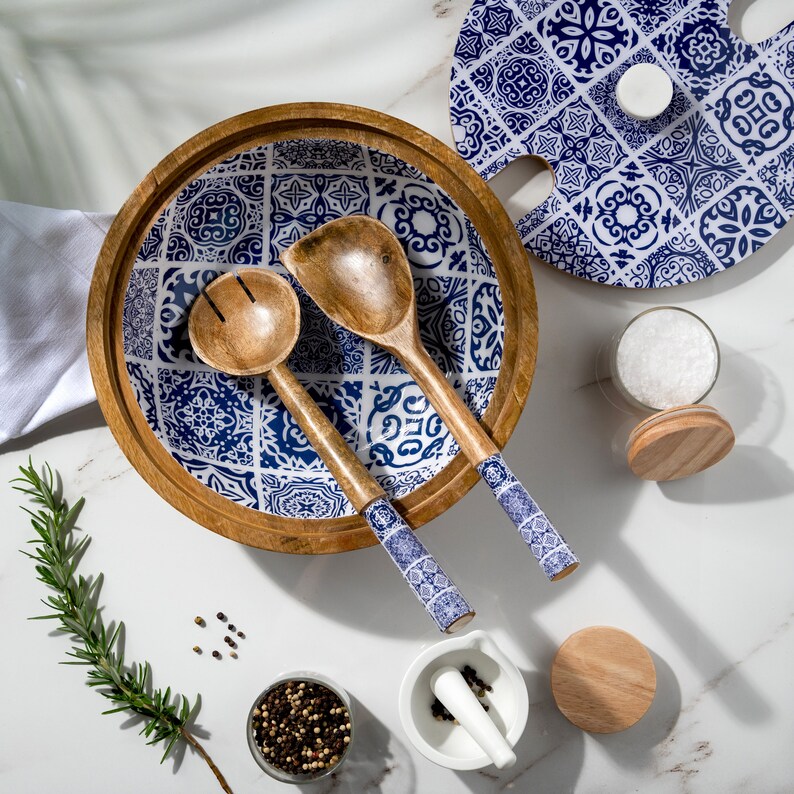 Handmade Mango wood Decorative Wooden Salad Bowl Set with matching servers and lid Moroccan Blue Tiles image 1