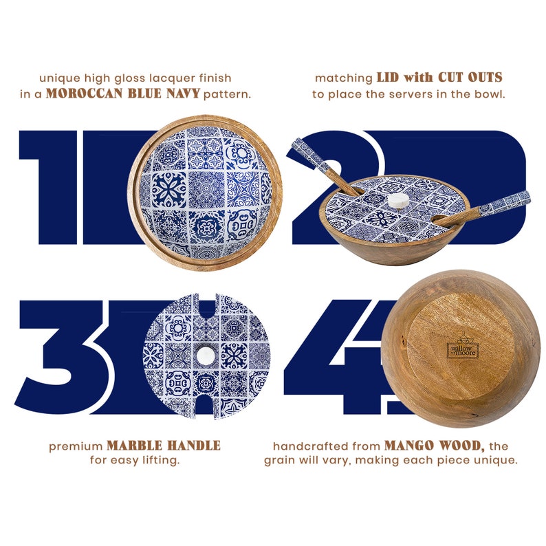 Handmade Mango wood Decorative Wooden Salad Bowl Set with matching servers and lid Moroccan Blue Tiles image 2