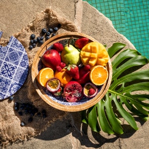 Handmade Mango wood Decorative Wooden Salad Bowl Set with matching servers and lid Moroccan Blue Tiles image 5