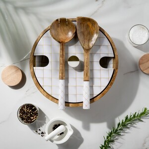 Handmade Mango wood Decorative Wooden Salad Bowl Set with matching servers and lid Moroccan Blue Tiles image 9