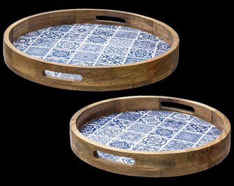 Willow and Moore Handmade Moroccan Nesting Serving Trays with Handles for Coffee Tables and Ottomans.