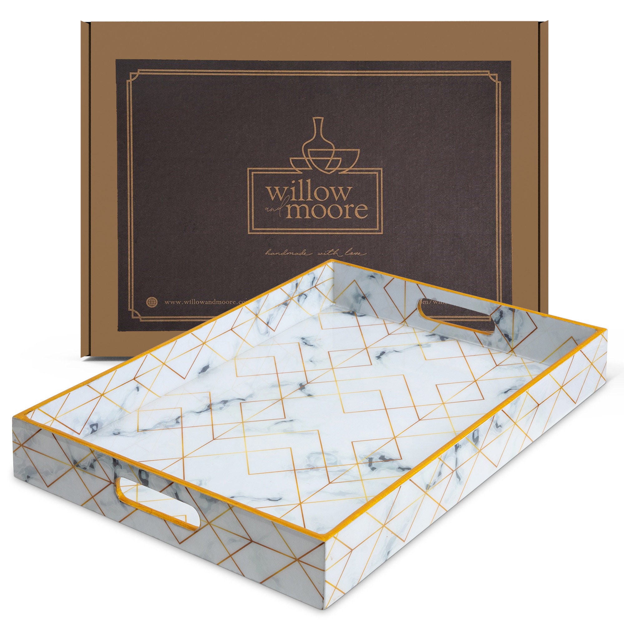 Willow and Moore Handmade White Serving Tray with Handles for Coffee Tables and Ottomans. Large Decorative Serving Tray for Coffee Table.
