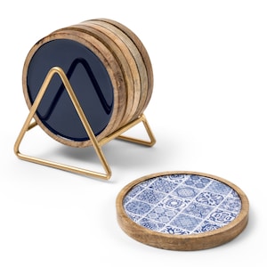 Handmade Wooden Coasters by Willow and Moore. Mango Wood Coaster Set of 6 with Holder - 4 inch Wide & 0.5 inch deep in Moroccan Blue Tiles