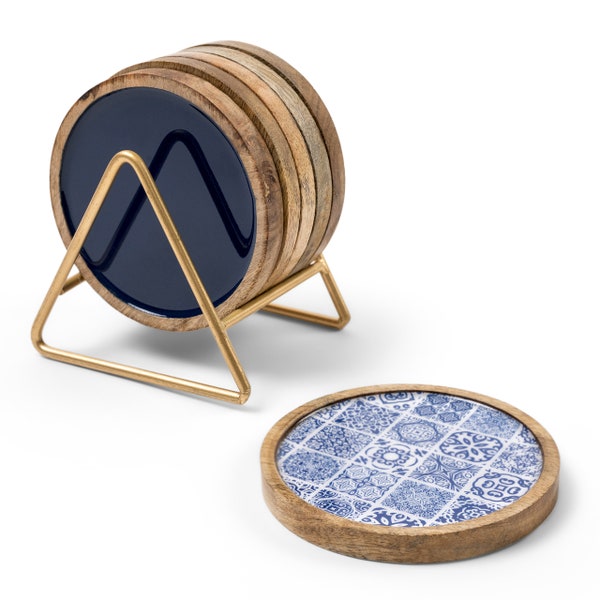 Handmade Wooden Coasters by Willow and Moore. Mango Wood Coaster Set of 6 with Holder - 4 inch Wide & 0.5 inch deep in Moroccan Blue Tiles