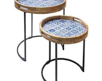 Handmade Nesting Side Table Set of 2. End Tables for Space Saving with Sturdy Metal Frame and a Mango Wood Top in Moroccan Blue Tiles