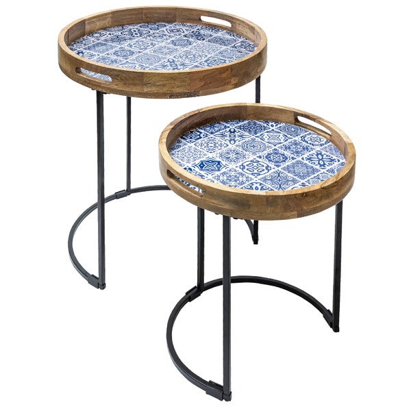 Handmade Nesting Side Table Set of 2. End Tables for Space Saving with Sturdy Metal Frame and a Mango Wood Top in Moroccan Blue Tiles