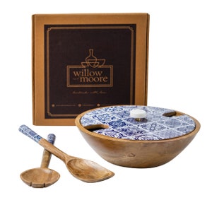 Handmade Mango wood Decorative Wooden Salad Bowl Set with matching servers and lid Moroccan Blue Tiles image 6