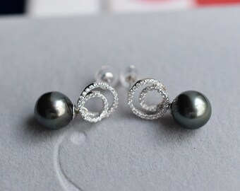 Tahitian Sea Black Pearl Sterling Silver Earrings