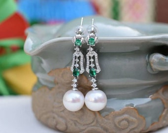 White Pearl & Cubic Zirconia Earring Drops