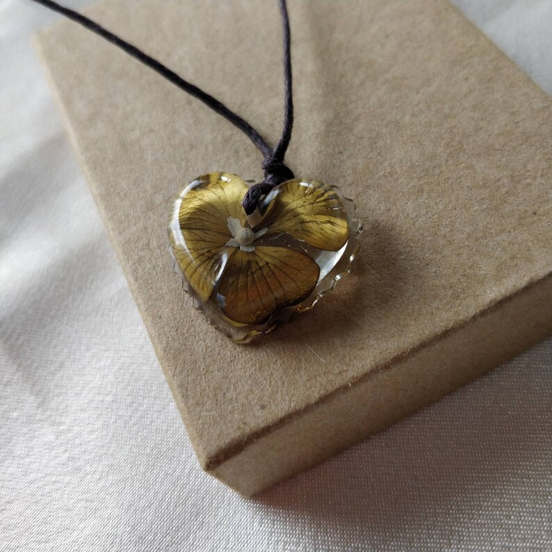 Golden Hydrangea Pendant Heart Real Flower Resin Handmade Cord Necklace
